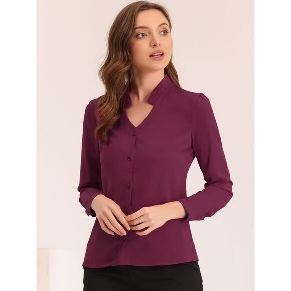 Blouse Button Up Long Sleeve V Neck Chiffon Shirt Purplish Red - Picture 3 of 4